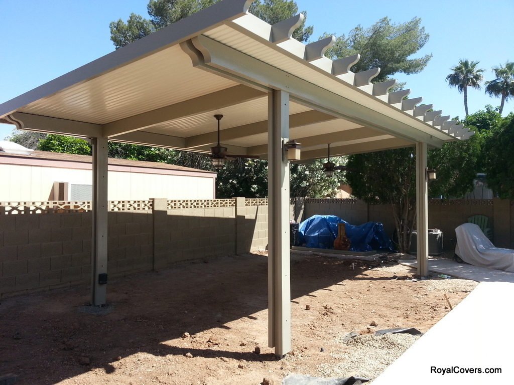Freestanding Alumawood solid patio cover installed by Royal Covers of Arizona in Mesa, Arizona.