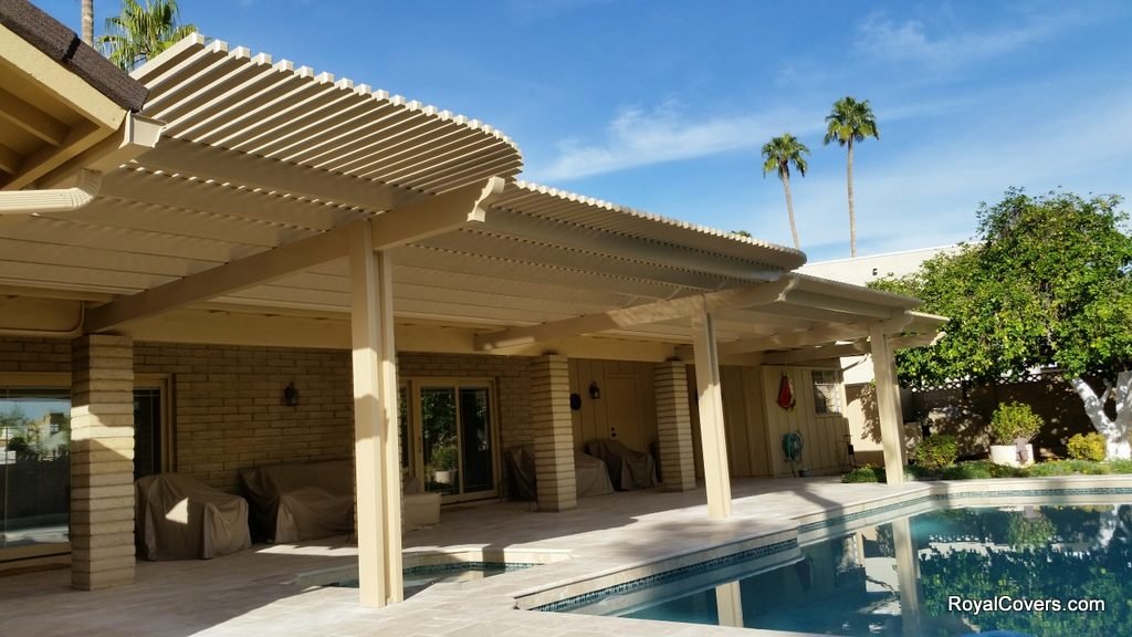 Custom Alumawood lattice patio cover installed by Royal Covers of Arizona in Phoenix, Arizona.