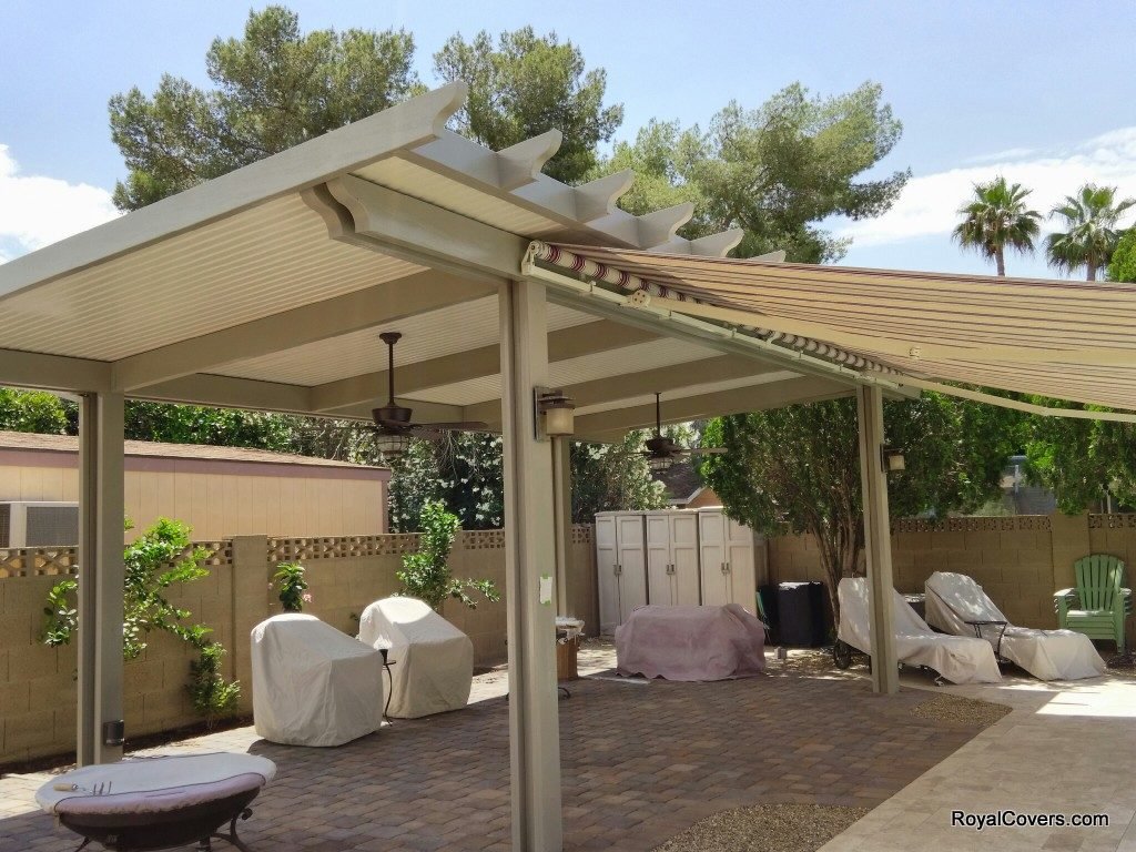 Freestanding Alumawood solid patio cover installed by Royal Covers of Arizona in Mesa, AZ.