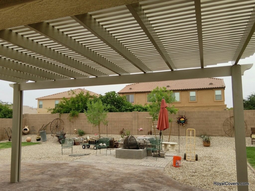 Custom two tone Alumawood lattice patio cover installed by Royal Covers of Arizona in Florence, AZ.