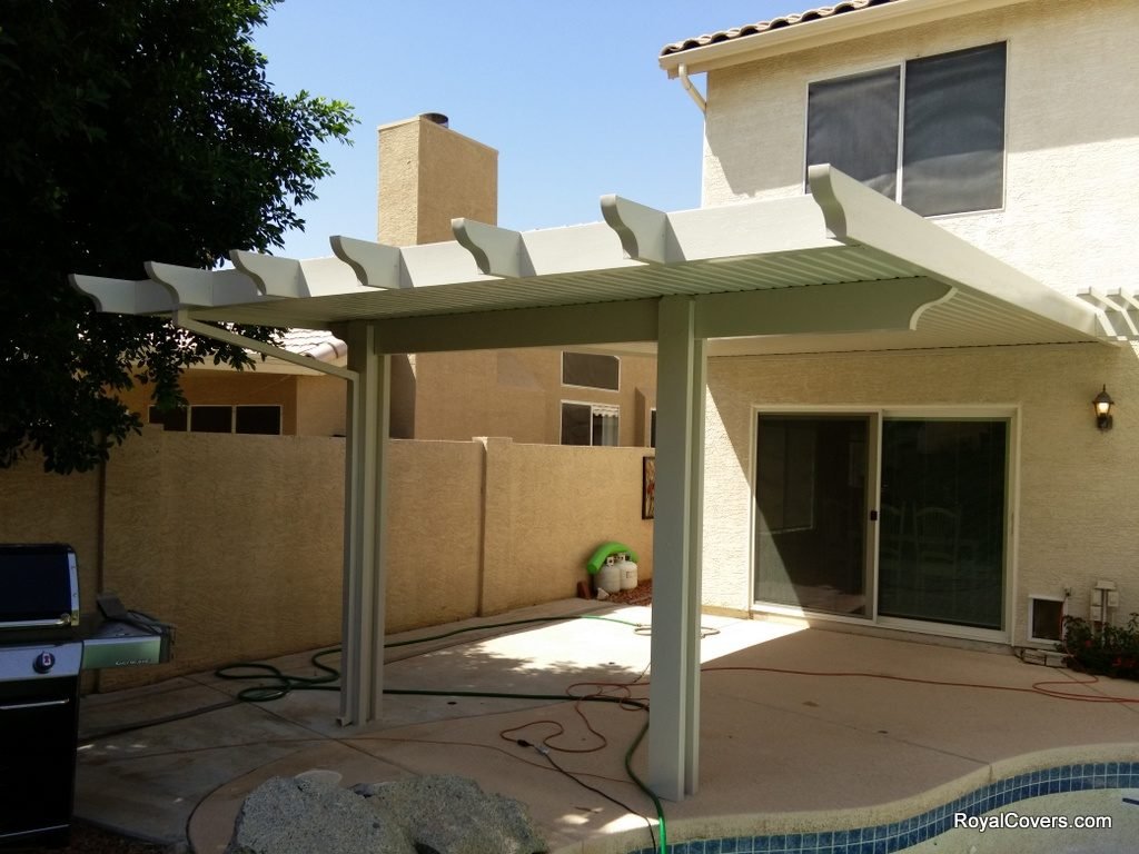 Custom Alumawood solid and lattice patio cover installed by Royal Covers of Arizona in Gilbert, AZ.