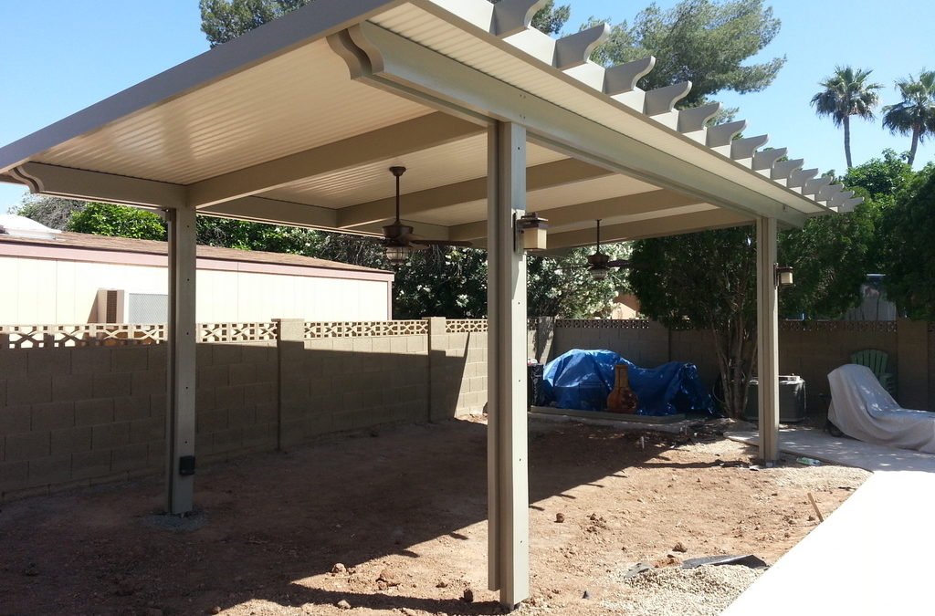 Freestanding Patio Cover – Alumawood Solid Patio Cover Installed in Mesa, AZ (Under Construction)