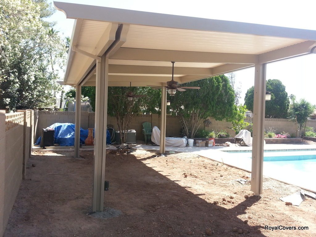 Freestanding Alumawood solid patio cover installed by Royal Covers of Arizona in Mesa, Arizona.