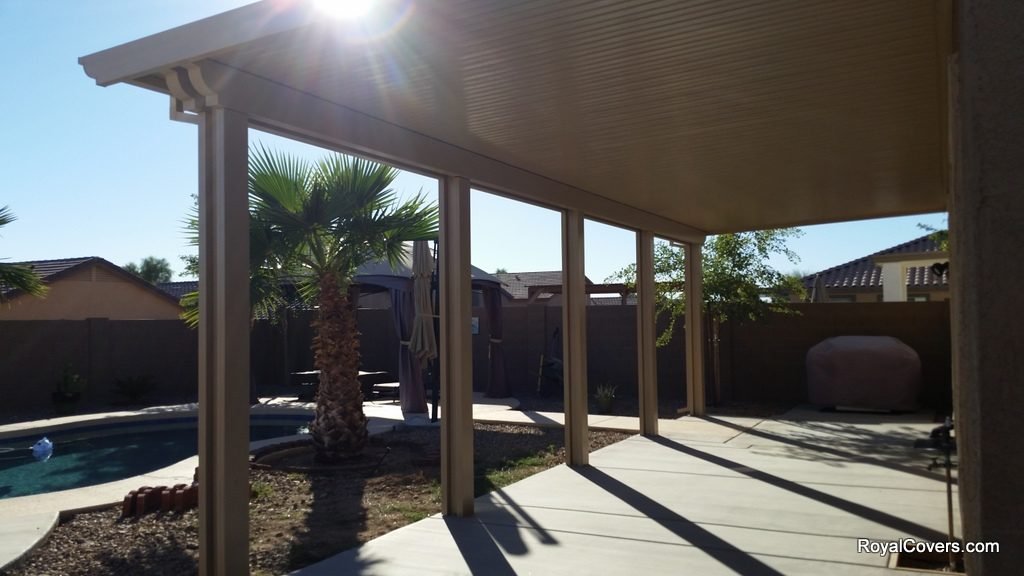 Alumawood solid patio cover installed by Royal Covers of Arizona in Buckeye, AZ.
