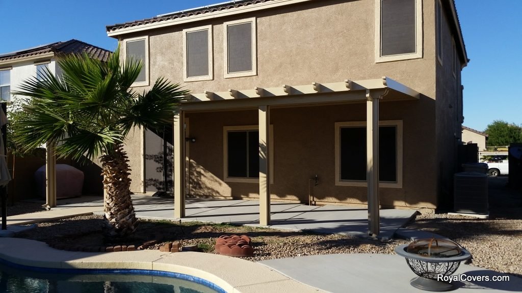 Alumawood solid patio cover installed by Royal Covers of Arizona in Buckeye, AZ.