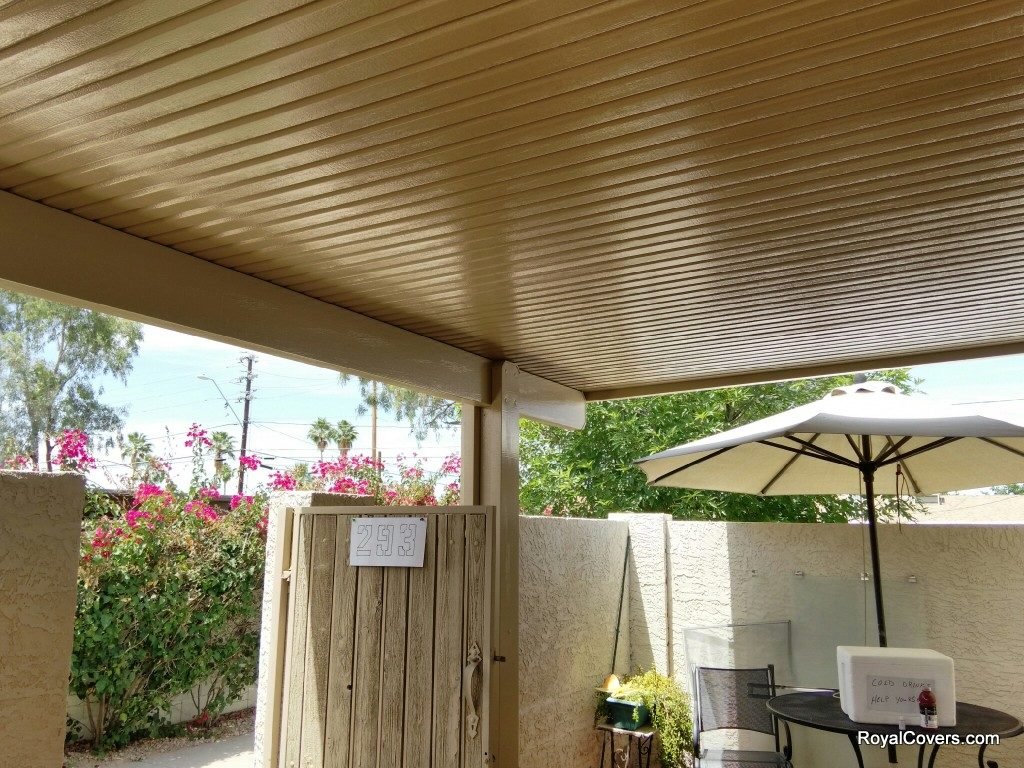 Alumawood solid patio cover installed by Royal Covers of Arizona in Mesa, AZ 85202.