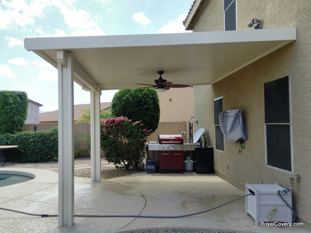 Alumawood patio covers with fan installed by Royal Covers of Arizona in Phoenix, AZ.