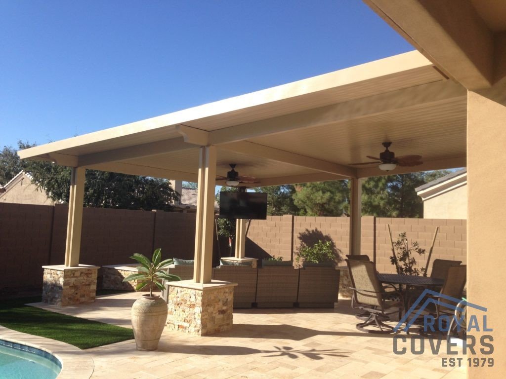 Outdoor Dining and TV Area with Alumawood Patio Cover